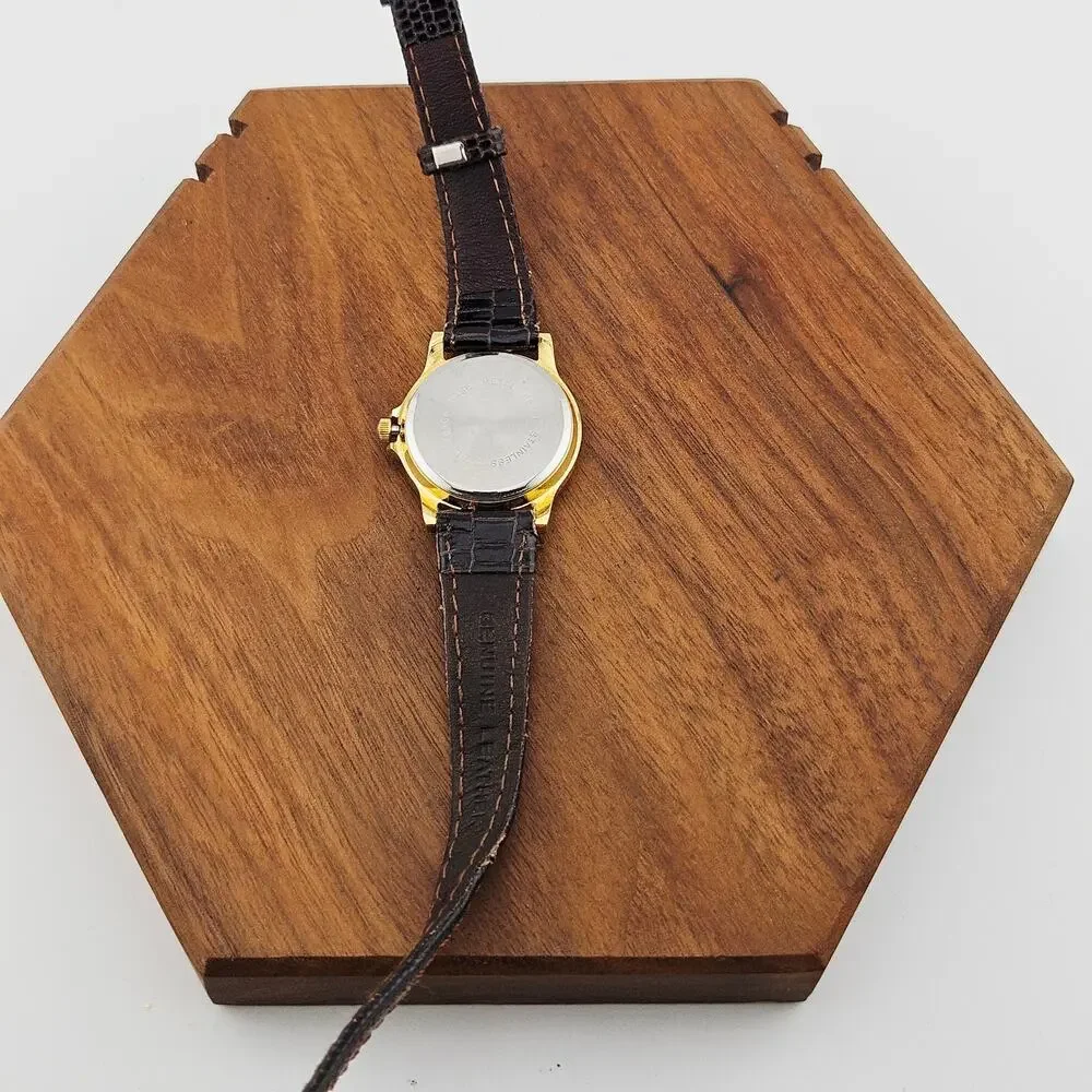Time Women's Gold Tone Round Roman Numeral Dial Watch Brown Leather Band Simple